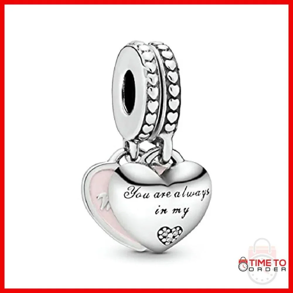 Sterling Silver Heart Charm with Cubic Zirconia and Pink Enamel
